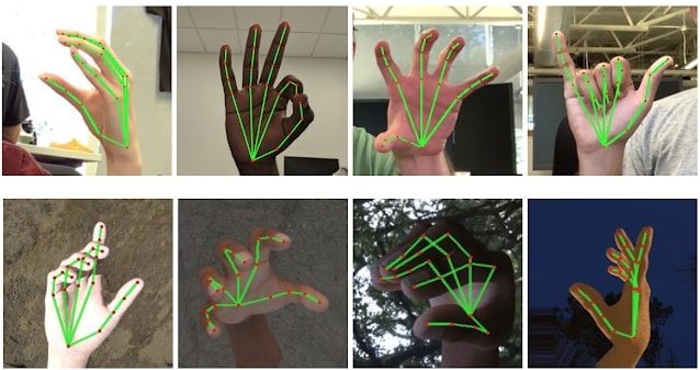 Otto immagini di tracking AI di gesti della mano con scheletro a 21 punti chiave evidenziato in rosso e verde, riconoscimento gestuale per applicazioni industriali HMI